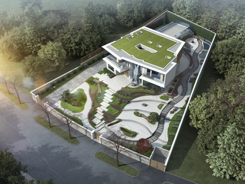 现代别墅 建筑外观 庭院 鸟瞰3d模型 