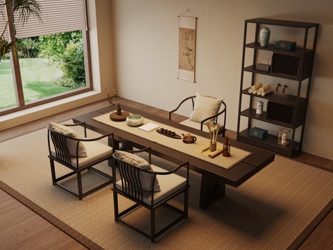  新中式茶桌椅 条形实木餐桌3d模型 