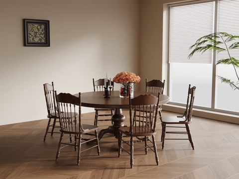  中古风餐桌椅 圆形餐桌3d模型 