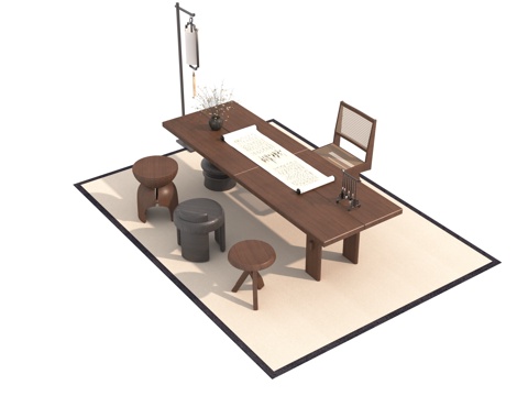  新中式茶桌椅3d模型 