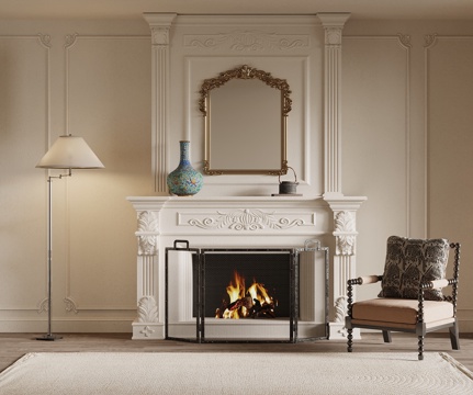  法式奶油风壁炉 落地灯 休闲椅3d模型 