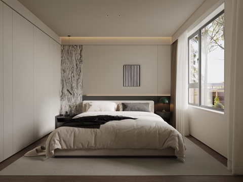  现代极简卧室 双人床 床头柜3d模型 