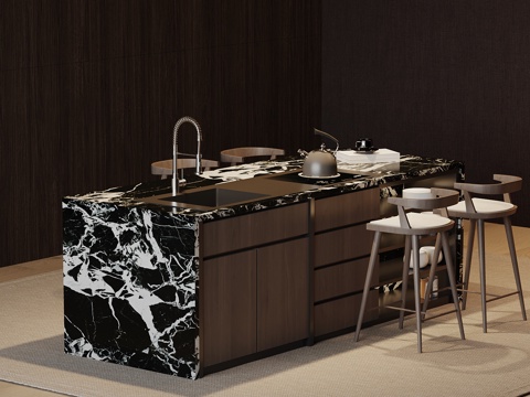  现代意式岛台 吧台 餐桌椅3d模型 