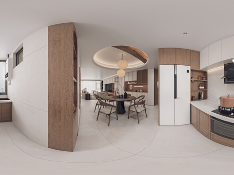  现代原木风厨房 客厅 餐厅 橱柜 厨具 灶台  冰箱 