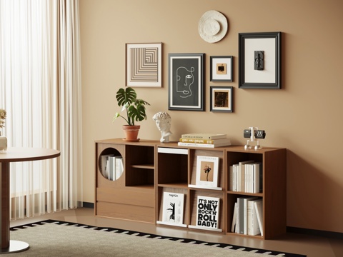 中古风边柜 地柜 书柜 装饰画su模型