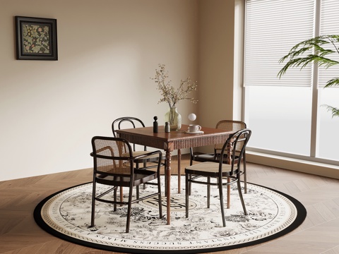  法式复古风餐桌椅 方形餐桌 藤编椅3d模型 