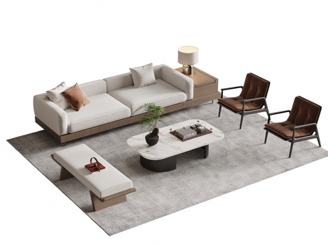 中古风沙发茶几组合su模型