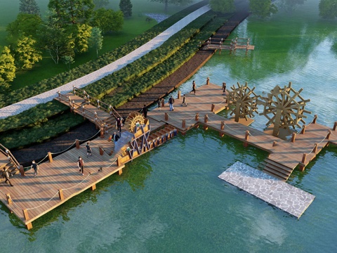 现代滨水景观 河岸景观 滨水景观公园 滨江栈道景观su模型 