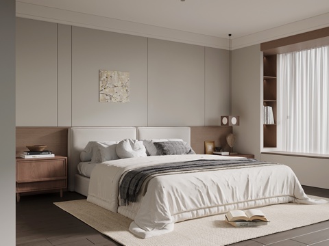 中古风卧室 双人床 床头柜su模型