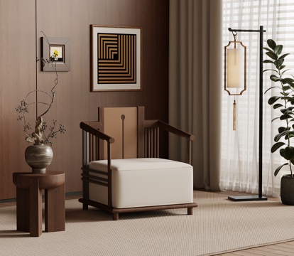 中古风休闲椅 边柜 落地灯su模型