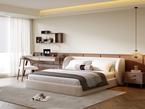 中古风卧室 双人床 书桌椅su模型