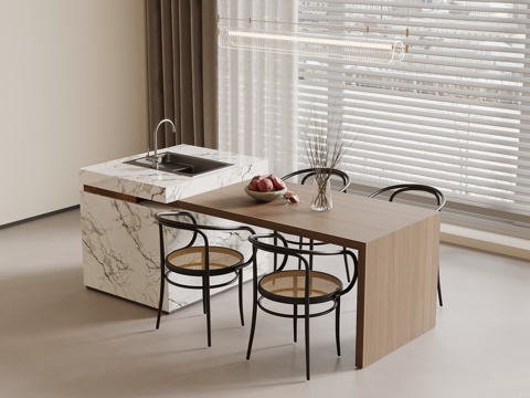 中古风岛台 餐桌椅su模型