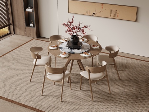 新中式餐桌椅 圆形餐桌su模型