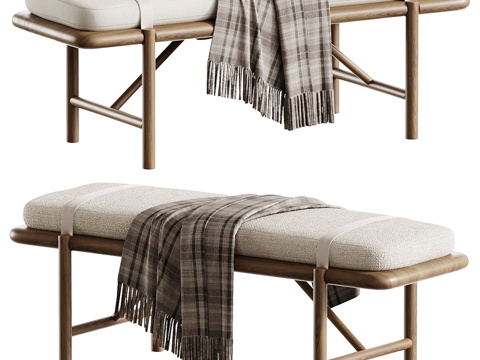  新中式布艺木质长凳3d模型 