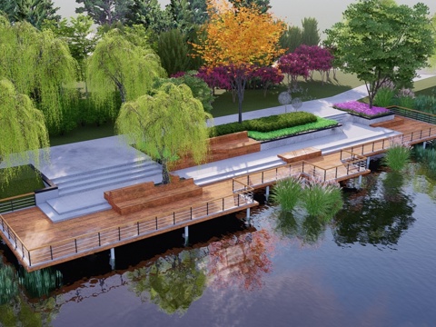 现代滨水景观 河岸景观 滨水景观公园 滨江栈道景观su模型 