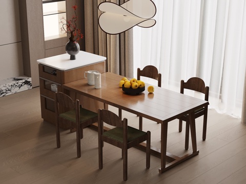 中古风岛台 餐桌椅su模型