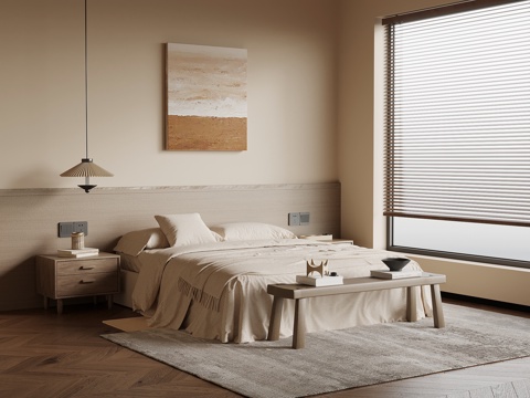 中古风卧室 双人床 墙裙 床头背景su模型