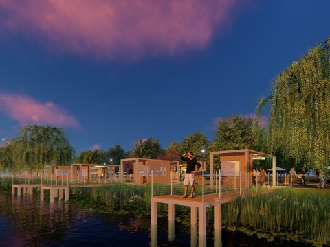  现代滨水景观 河岸景观 滨水景观公园 滨江栈道景观su模型 