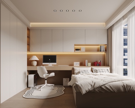  现代奶油风榻榻米卧室3d模型 