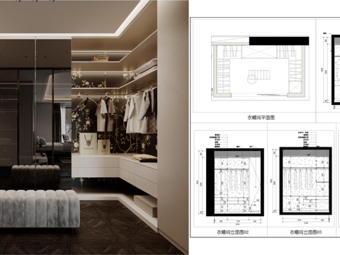 衣帽间立面图 卧室衣帽间  衣帽间布局 墙面节点cad施工图