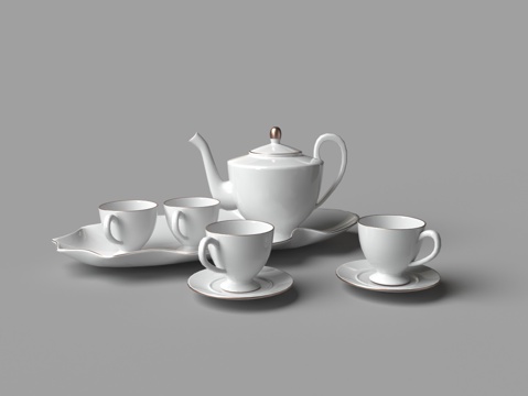  现代白瓷茶壶 茶杯 茶盘3d模型 