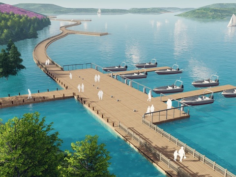  现代滨水景观 河岸景观 滨水景观公园 滨江栈道景观su模型 