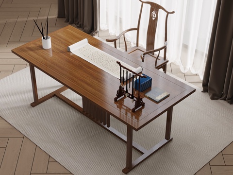 新中式书桌椅su模型