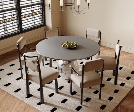 法式复古风餐桌椅 圆形餐桌 吊灯su模型