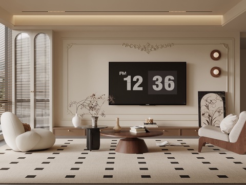  中古风客厅 电视背景墙 电视柜 沙发茶几组合3d模型 