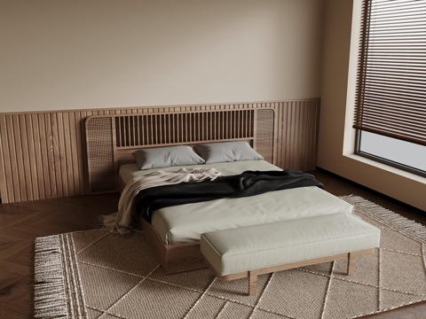  侘寂风双人床3d模型 