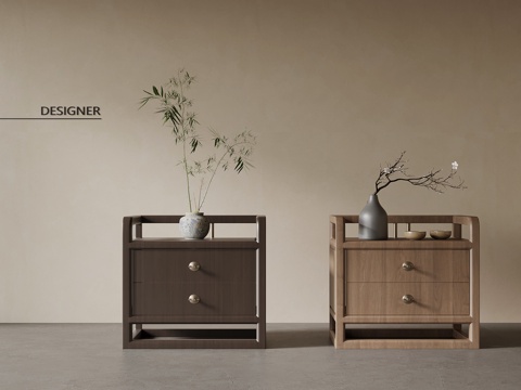 新中式床头柜 实木床头柜su模型