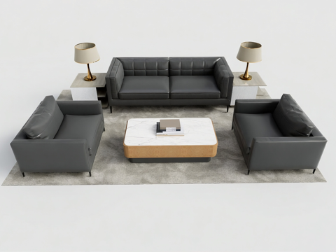 现代简约沙发组合  大理石茶几 皮质沙发深灰色 商务沙发su模型su模型