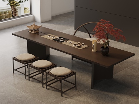 新中式茶桌椅 实木茶桌su模型