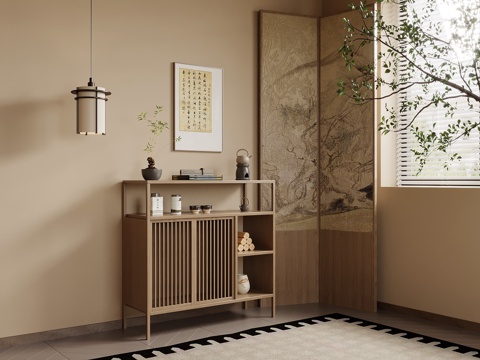 新中式茶水柜 边柜 玄关柜su模型