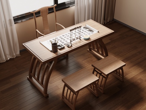 新中式书桌椅su模型