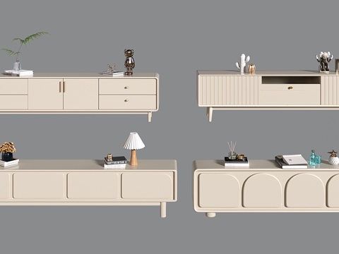  奶油风电视柜su模型 