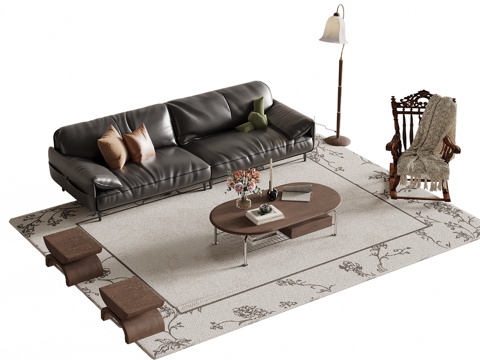 法式复古风沙发茶几组合su模型