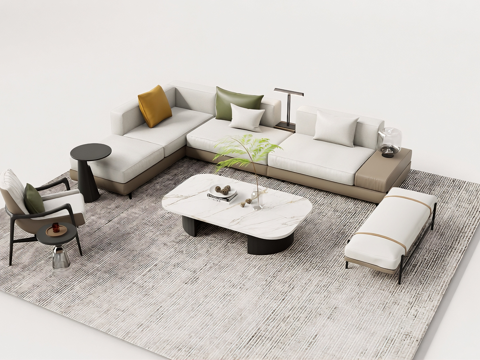 奶油风沙发茶几组合 L型沙发 布艺沙发 单人休闲椅 抱枕靠垫su模型