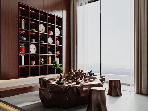  中式茶室  木雕茶台3d模型 