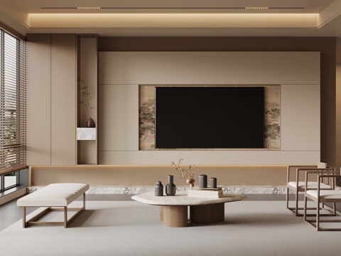 新中式客厅 宋式风客厅 电视背景墙 沙发茶几组合su模型