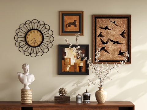  法式复古装饰挂画 动物画 抽象画 饰品摆件 钟表3d模型 