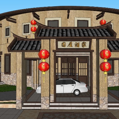  新中式土楼建筑su模型下载 
