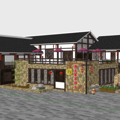  中式古建民房民宿su模型下载 