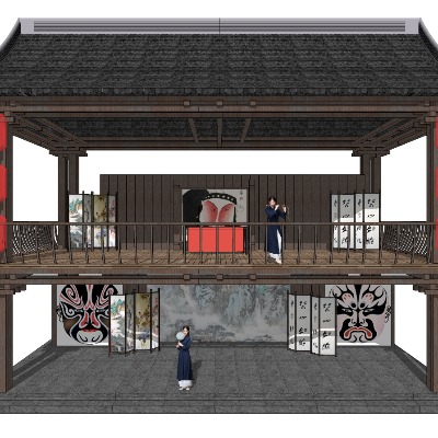  新中式古建戏台su模型下载 