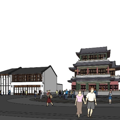  新中式商业街su模型下载 