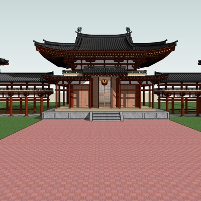  日式楼阁廊道su模型下载 