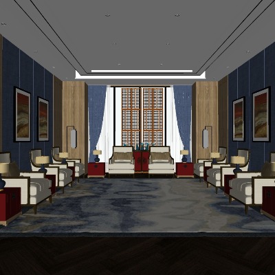  新中式接待室su模型下载 
