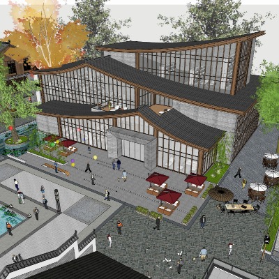  新中式商业街su模型下载 