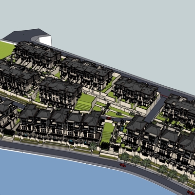  新中式别墅区规划su模型下载 