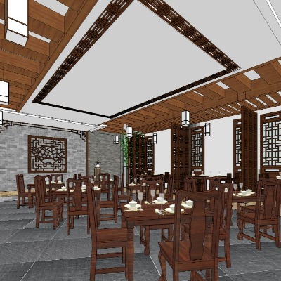  新中式餐厅su模型下载 